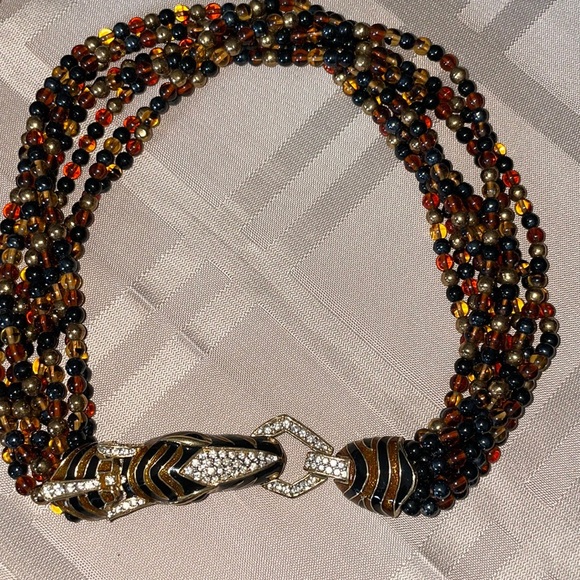 Vintage Signed CINER Enameled Zebra Torsade eight Strand Glass Bead Necklace - Picture 1 of 9